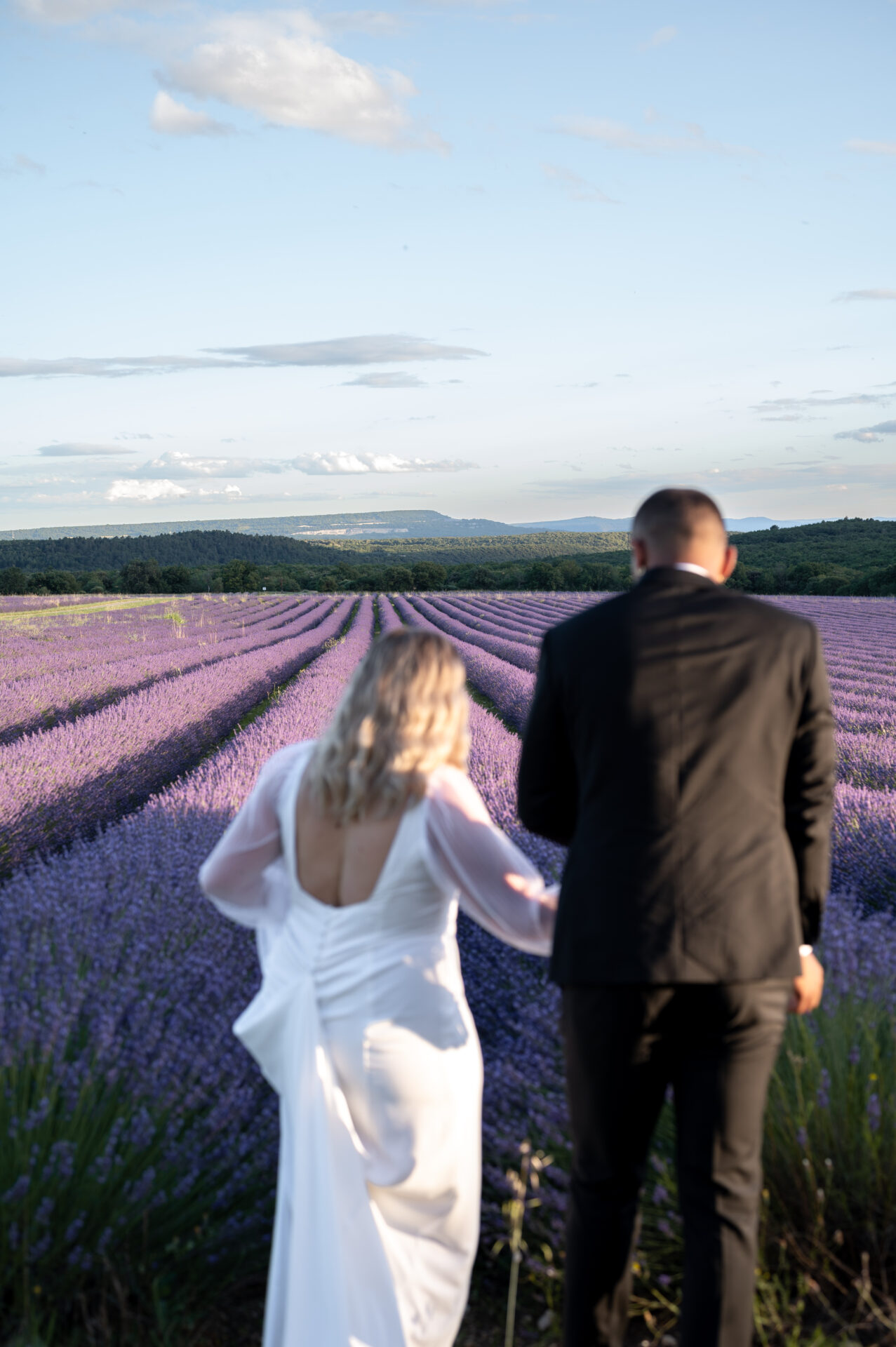 mariés marchent dans un champ de lavande en provence dans le sud de la France