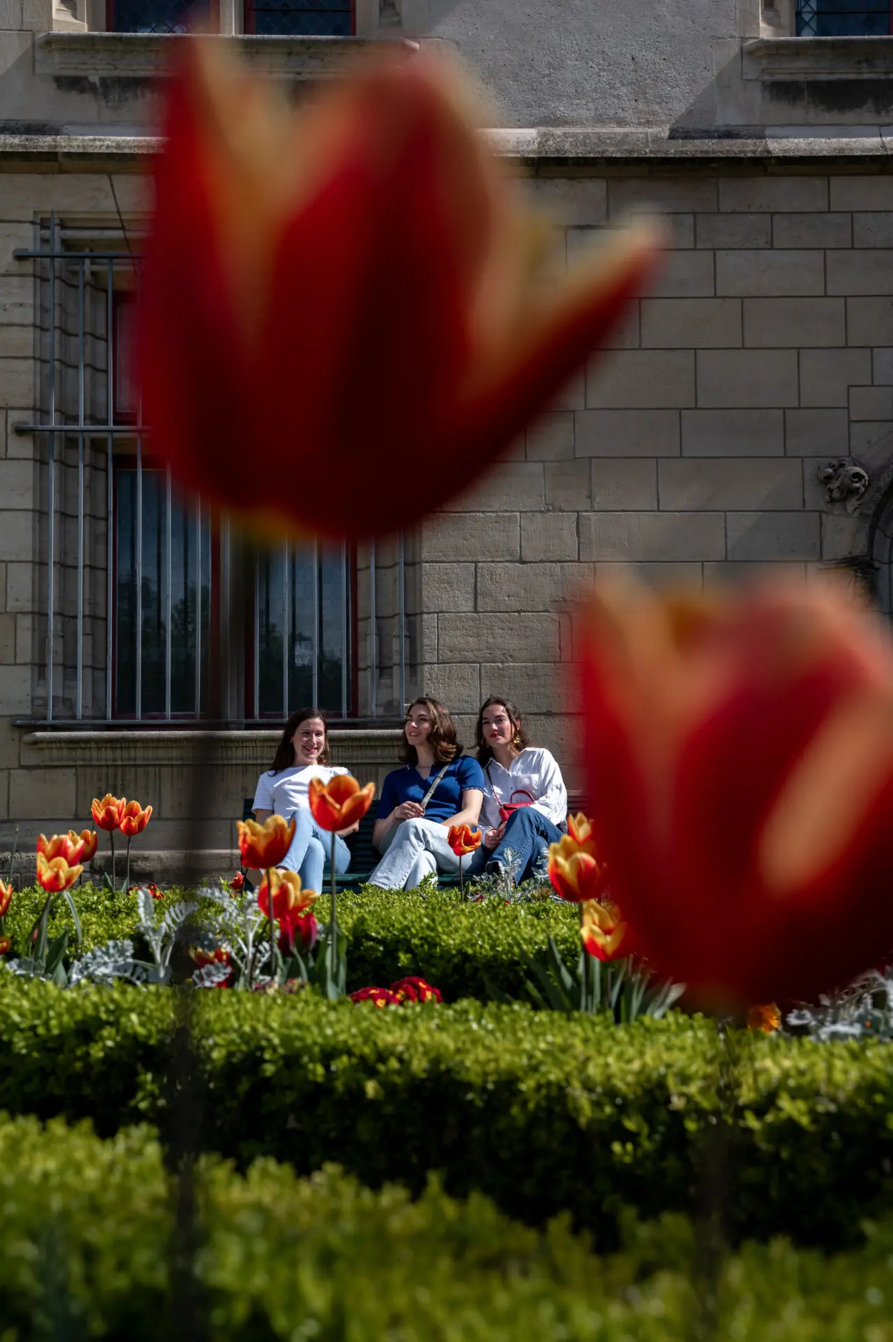 trois cousines assises sur un banc dans le Marais 