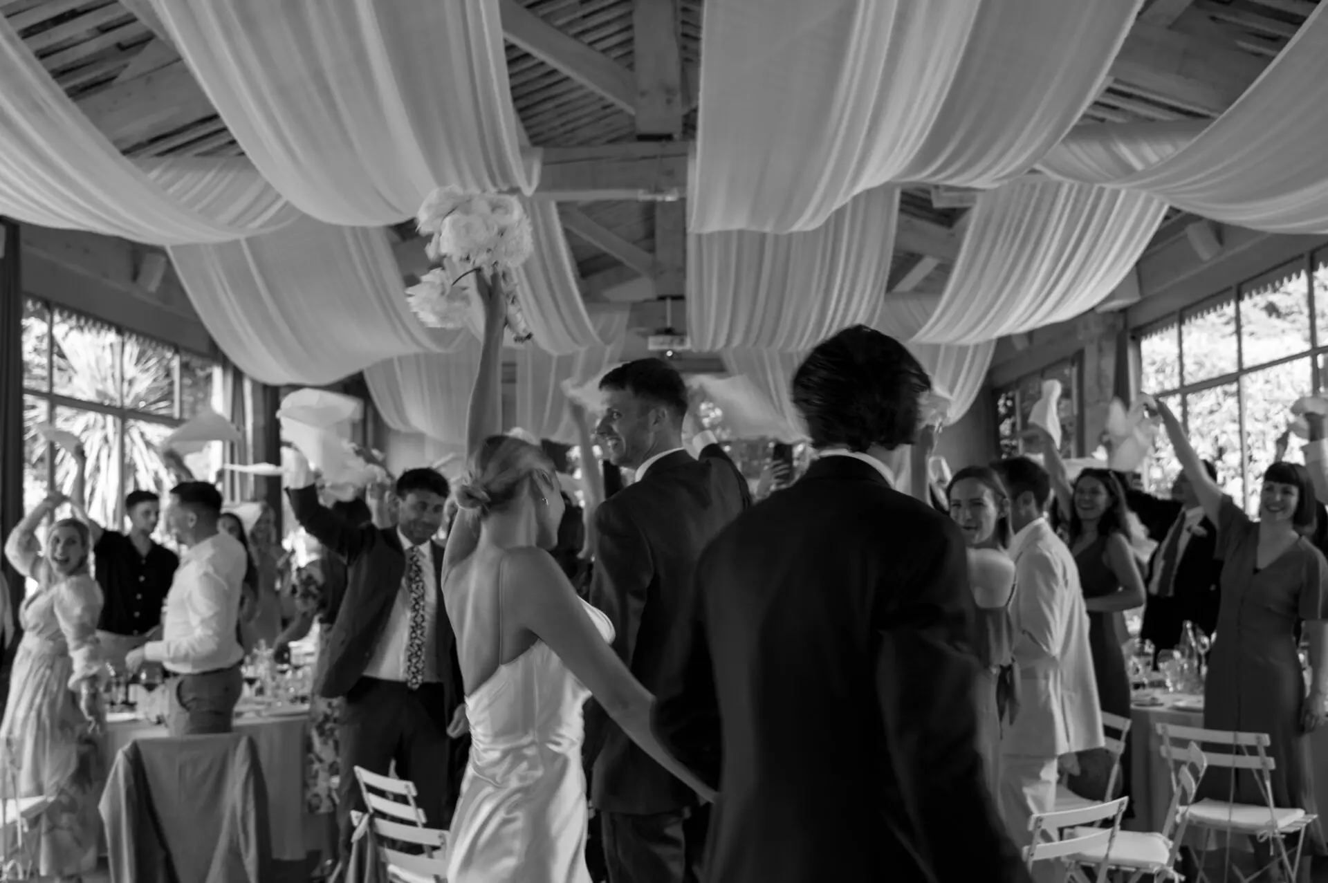 bride and groom making their entrance dancing