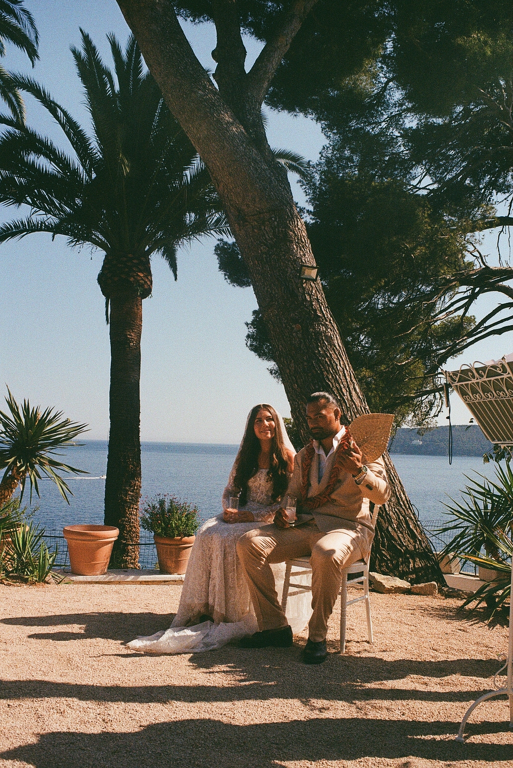 Katie & Jordan's wedding, French Riviera, June 2025 bride and groom seated during ceremony